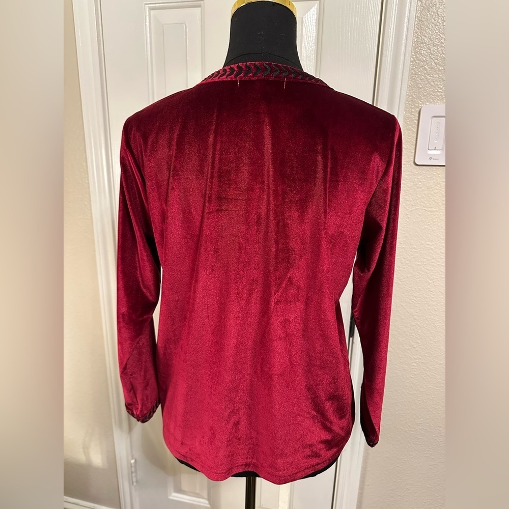 Parory Red Velvet Embroidered Open Front Cardigan Jacket Size 10 M Floral - Picture 7 of 13